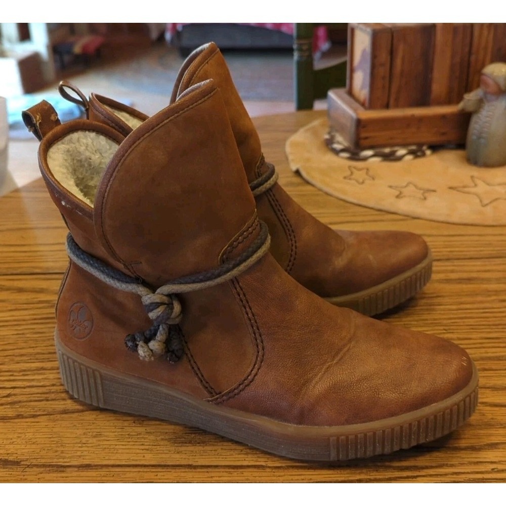 Women's 7 7.5 sz 38 Rieker Sherpa Wool Lined Warm Ankle Booties Brown Leather
